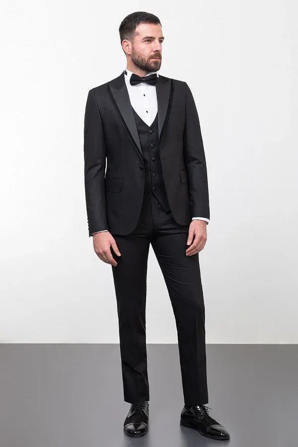 Rapid Black Slim Fit Peak Velvet Lapel Tuxedo