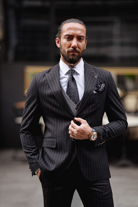 Rapid Black Slim Fit Pinstripe Combination Suit