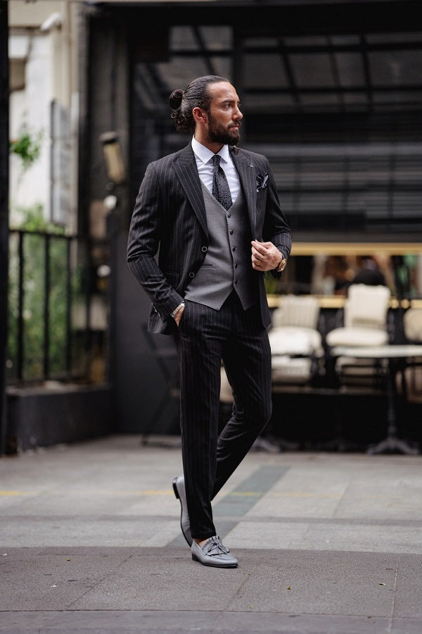 Rapid Black Slim Fit Pinstripe Combination Suit