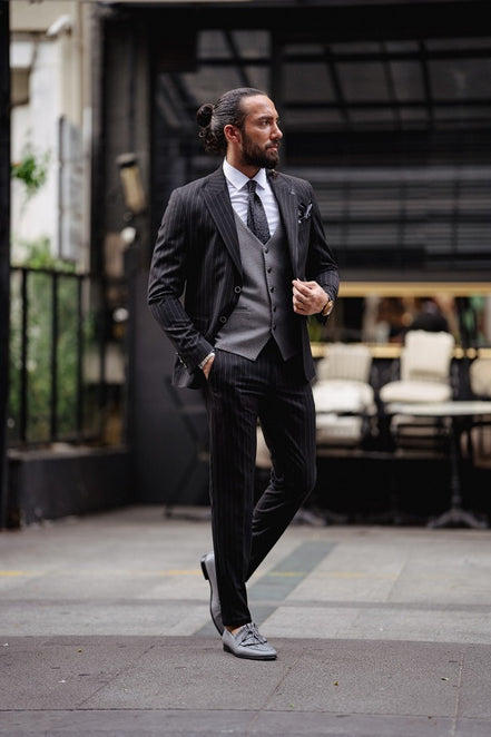 Rapid Black Slim Fit Pinstripe Combination Suit