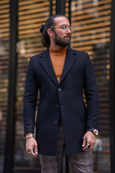 Rapid Black Slim Fit Single Breasted Long Coat
