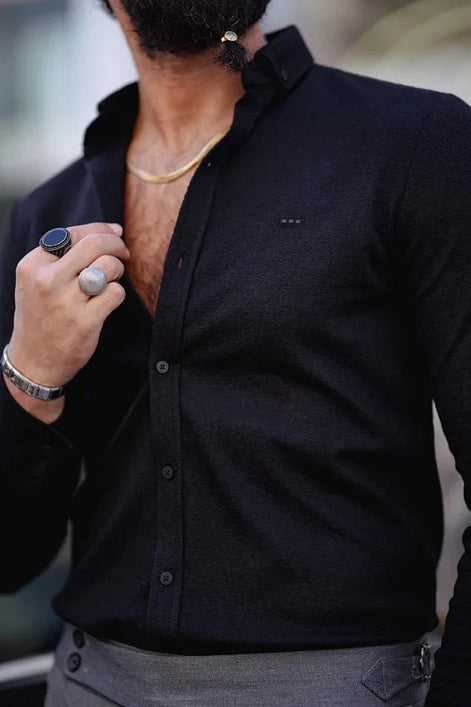 Rapid Black Slim Fit Textured Cotton Shirt