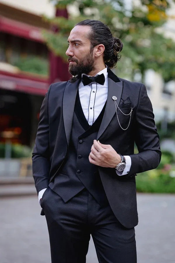 Rapid Black Slim Fit Velvet Peak Lapel Tuxedo