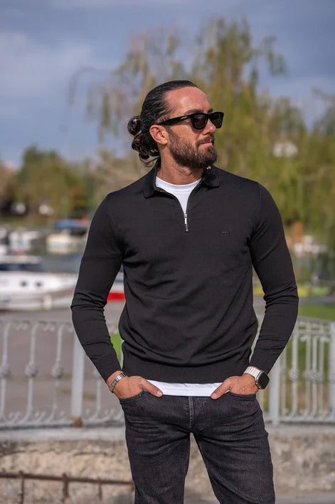 Black Slim Fit Zipper Polo Sweater for Men L