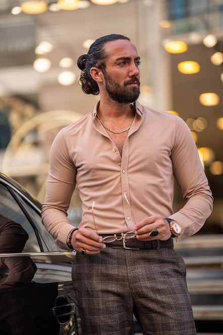Rapid Slim Fit Textured Beige Cotton Shirt