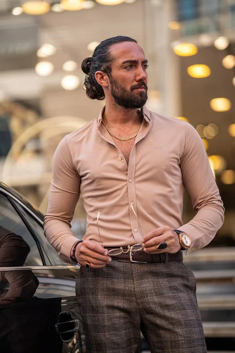 Rapid Slim Fit Textured Beige Cotton Shirt