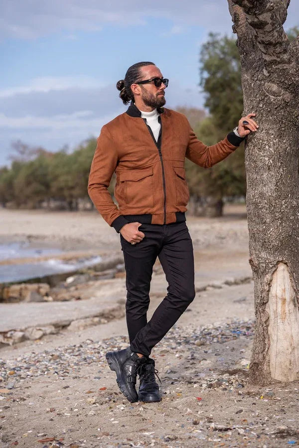 GentWith Rapid Brown Slim Fit Double Pocket Nebbuk Coat