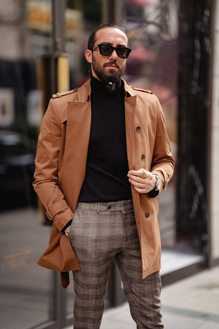 Rapid Camel Slim Fit Double Breasted Long Coat