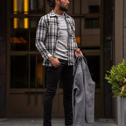 Rapid Gray Black Slim Fit Long Sleeve Plaid Shirt