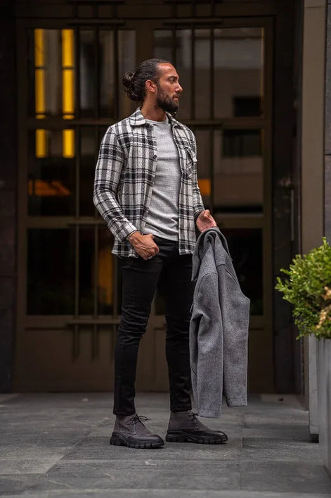 Rapid Gray Black Slim Fit Long Sleeve Plaid Shirt