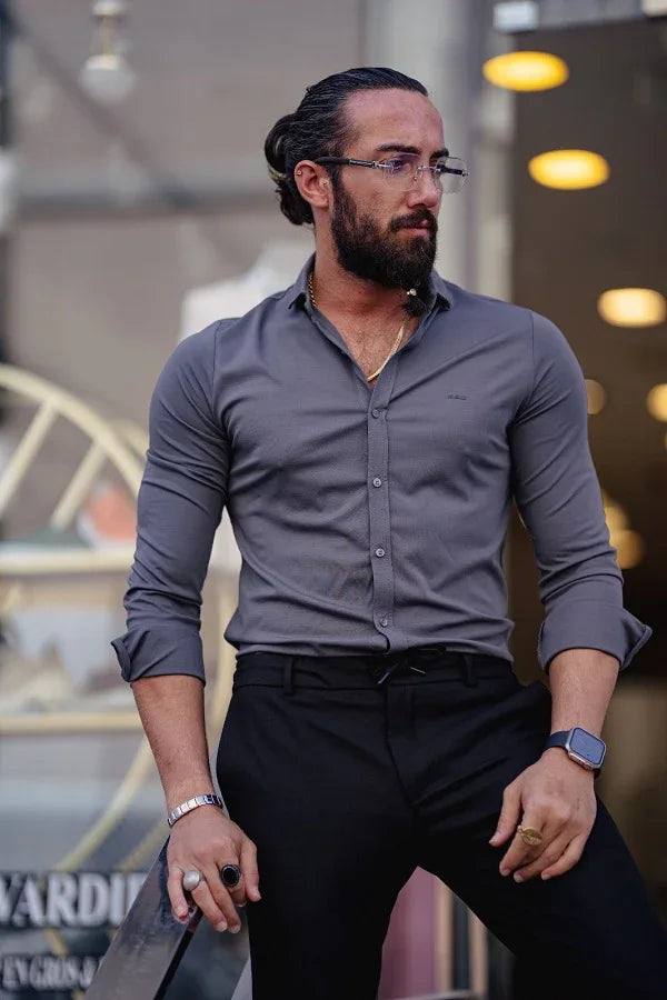 Rapid Gray Slim Fit Textured Cotton Shirt
