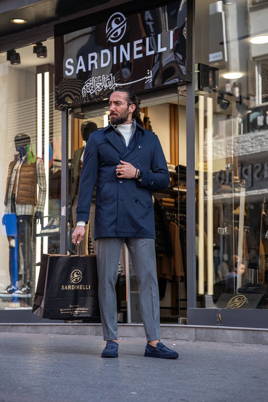 Navy Blue Double Breasted Long Coat