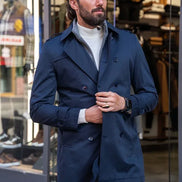 Rapid Navy Blue Slim Fit Double Breasted Long Coat