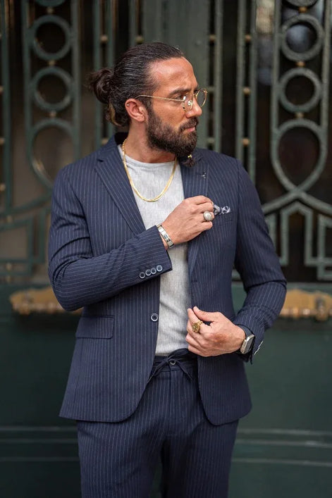 Rapid Navy Blue Slim Fit Notch Lapel 2 Piece Pinstripe Suit