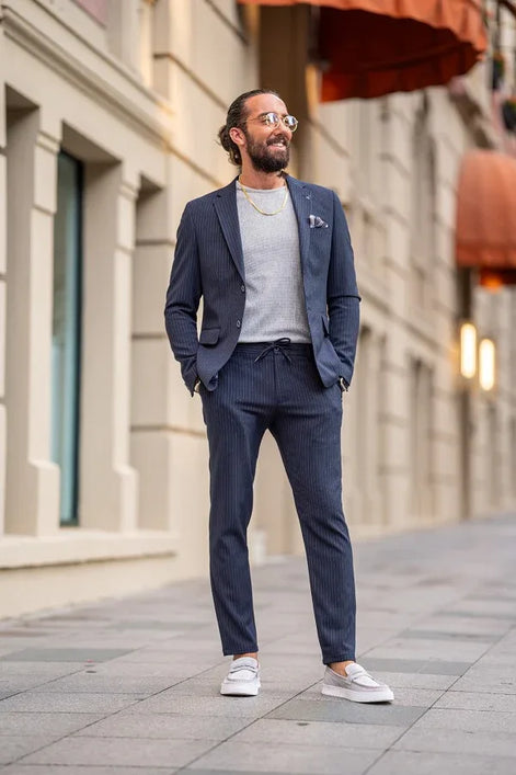 Rapid Navy Blue Slim Fit Notch Lapel 2 Piece Pinstripe Suit