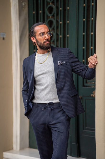 Rapid Navy Blue Slim Fit Notch Lapel 2 Piece Pinstripe Suit