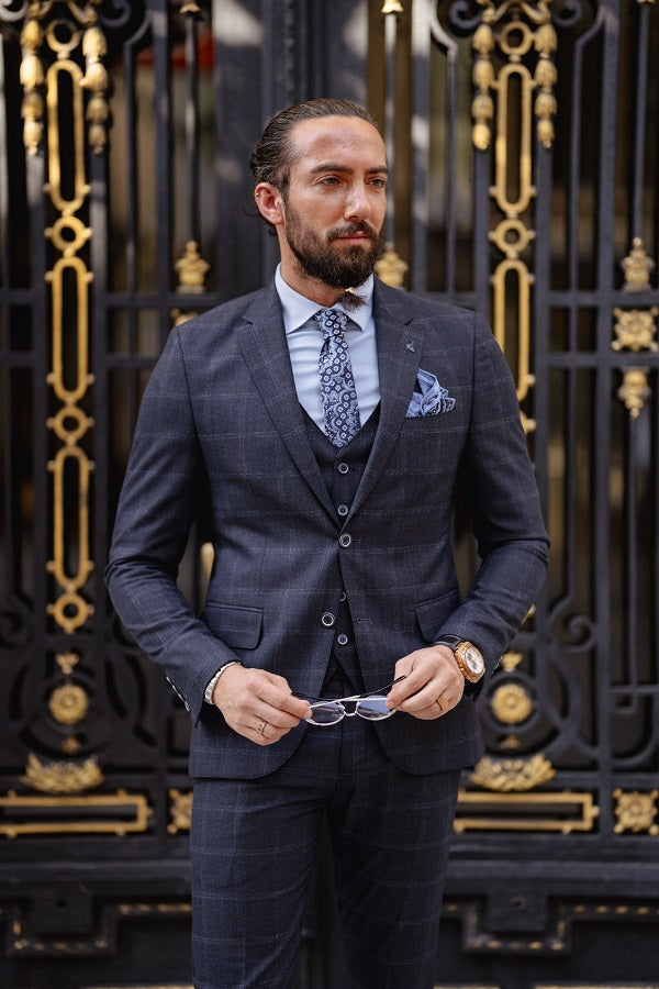 Rapid Navy Blue Slim Fit Notch Lapel 3 Piece Check Suit
