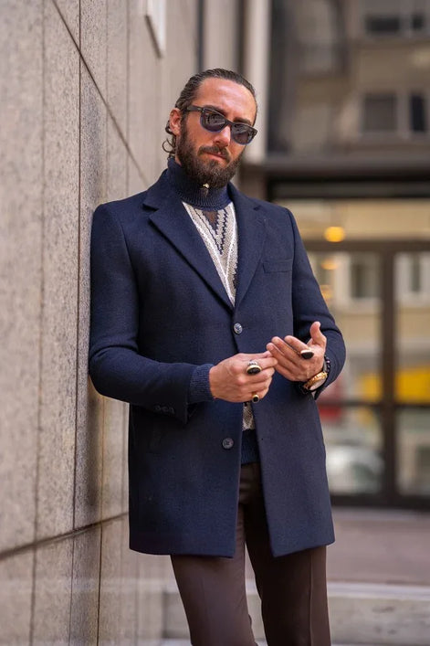 Rapid Slim Fit Single Breasted Navy Blue Long Coat