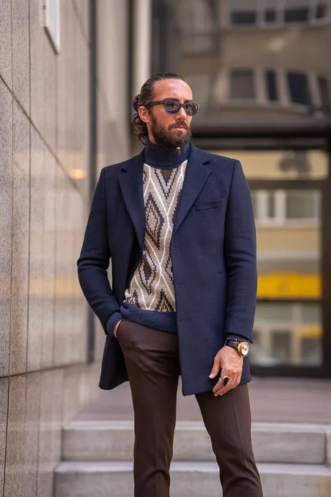 Rapid Slim Fit Single Breasted Navy Blue Long Coat