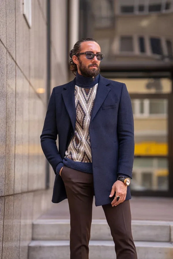 Rapid Slim Fit Single Breasted Navy Blue Long Coat