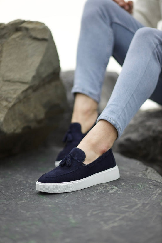 Navy Blue Suede Tassel Loafers