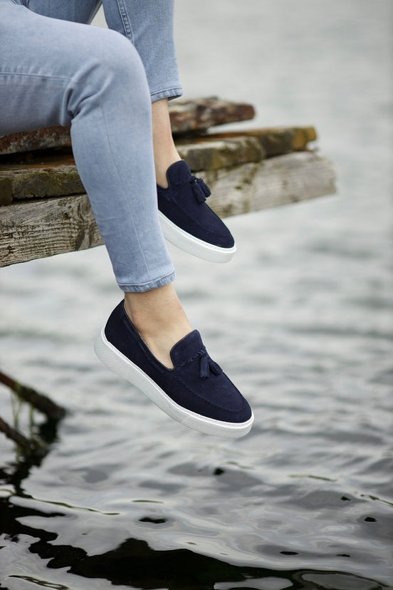 Navy Blue Suede Tassel Loafers