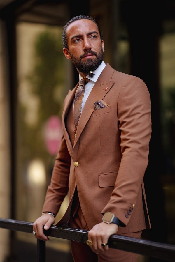 Rapid Slim Fit Peak Lapel Rust Brown Suit