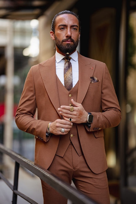 Rapid Slim Fit Peak Lapel Rust Brown Suit