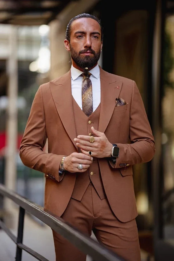 Rapid Slim Fit Peak Lapel Rust Brown Suit