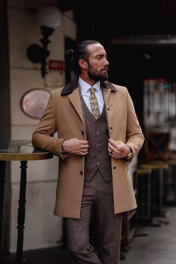 Rapid Camel Slim Fit Single Breasted Long Wool Coat