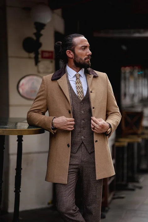 Rapid Camel Slim Fit Single Breasted Long Wool Coat