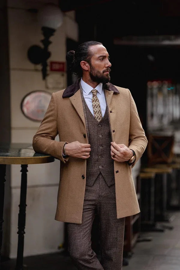 Rapid Camel Slim Fit Single Breasted Long Wool Coat