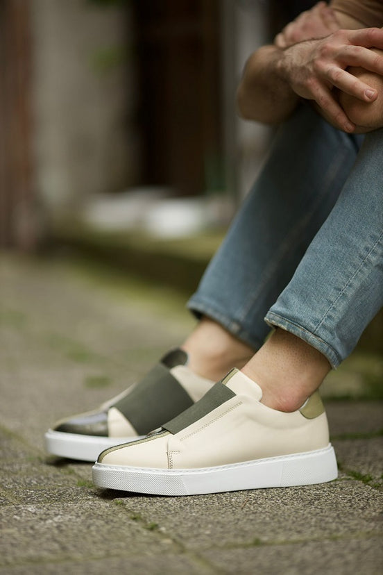 Beige Green Slip On Shoes