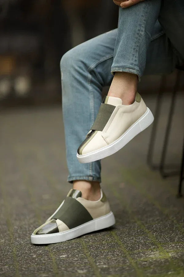 Beige Green Laceless Slip-On Sneakers for Men GentWith – GENT WITH