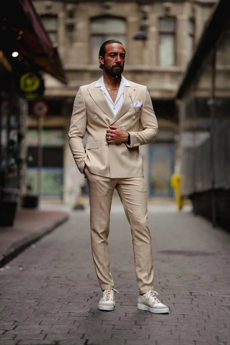 Sioux Beige Slim Fit Double Breasted Pinstripe Suit