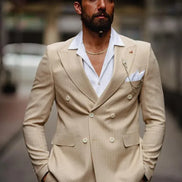 Sioux Beige Slim Fit Double Breasted Pinstripe Suit