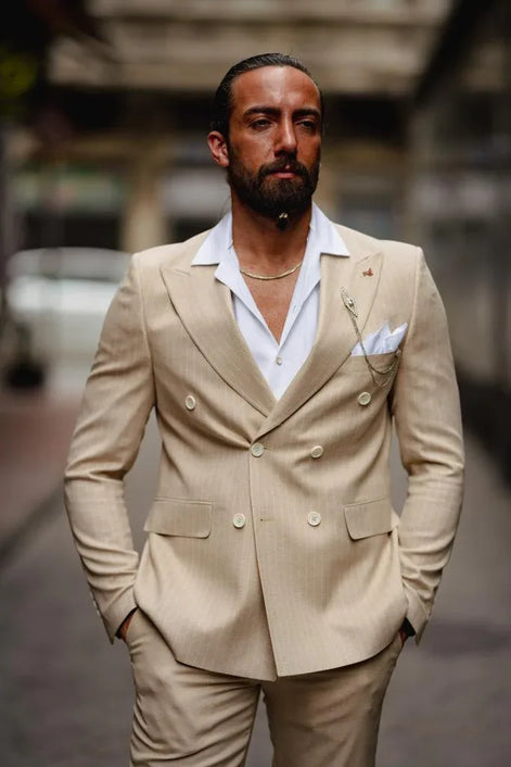 Sioux Beige Slim Fit Double Breasted Pinstripe Suit