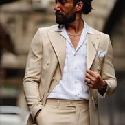 Sioux Beige Slim Fit Double Breasted Pinstripe Suit