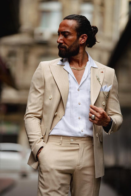 Sioux Beige Slim Fit Double Breasted Pinstripe Suit