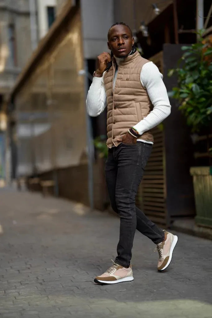 Beige Slim Fit Puffer Vest for Men - GENT WITH