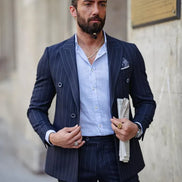 GentWith Sioux Dark Blue Slim Fit Double Breasted Pinstripe Suit