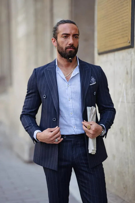 GentWith Sioux Dark Blue Slim Fit Double Breasted Pinstripe Suit