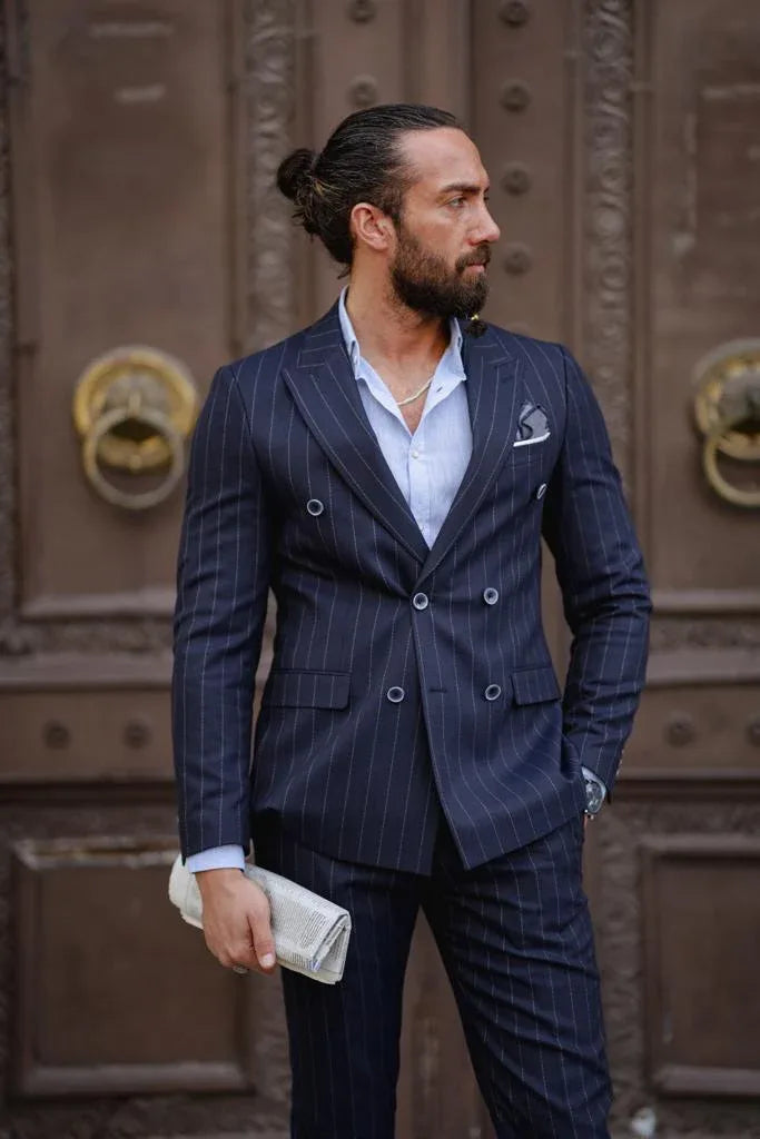 GentWith Sioux Dark Blue Slim Fit Double Breasted Pinstripe Suit