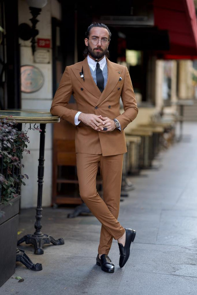 Double Breasted Suit Suit With Sneakers Gq Rust Brown Double