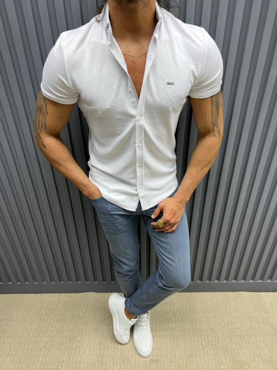White Slim Fit Short Sleeve Shirt for Men by GentWith.com with Free Worldwide Shipping