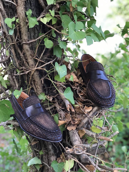 Sparks Handmade Woven Leather Brown Loafers