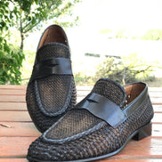 Sparks Handmade Woven Leather Brown Loafers