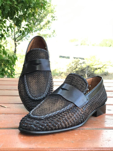 Sparks Handmade Woven Leather Brown Loafers