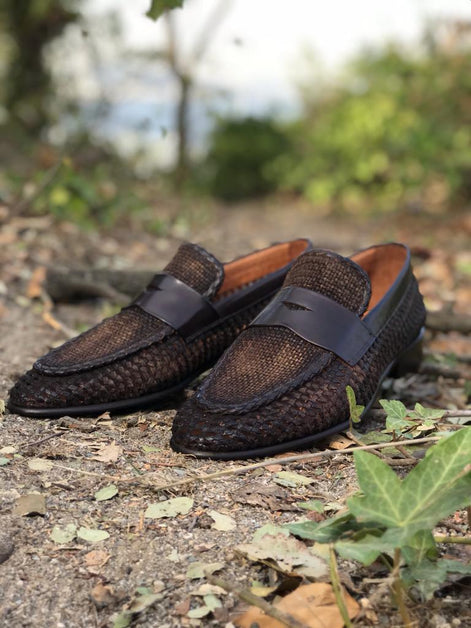 Sparks Handmade Woven Leather Brown Loafers