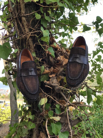 Sparks Handmade Woven Leather Brown Loafers